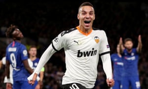 Rodrigo, celebrating here after scoring for Valencia against Chelsea last September, is Leeds’s record signing.