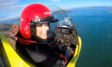 Caroline Paul flies over the Golden Gate Bridge in San Francisco in a gyrocopter.