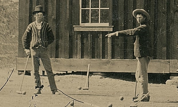 A detail from a 4×5-inch photo depicting Billy the Kid, left, playing croquet in 1878.