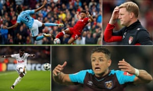 Liverpool's new signing Alex Oxlade-Chamberlain gets stuck in, Bournemouth boss Eddie Howe looks puzzled; Javier Hernandez of West Ham reacts during a match and Tottenham Hotspur's Serge Aurier sticks a cross into the box.
