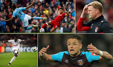 Liverpool's new signing Alex Oxlade-Chamberlain gets stuck in, Bournemouth boss Eddie Howe looks puzzled; Javier Hernandez of West Ham reacts during a match and Tottenham Hotspur's Serge Aurier sticks a cross into the box. 