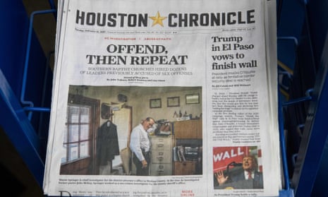 The front page of the Houston Chronicle, featuring a story on accusations of abuse in Southern Baptist churches, is seen at a gas station in the city.