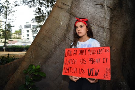 Teen activist Izzy Raj-Seppings poses for a photo outside Manly local court in Sydney.