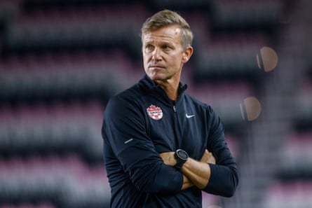 Canada Head Coach Jesse Marsch looks on in the second half during an International Friendly soccer match between Canada and Venezuela at Chase Stadium in Fort Lauderdale, Florida, on November 18, 2025.