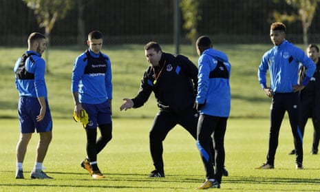 Everton’s caretaker, David Unsworth, gets involved during Friday’s training session at Finch Farm.