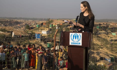 Angelina Jolie speaks at Cox’s Bazar in southern Bangladesh before visiting a nearby Rohingya refugee camp.