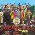 Album cover featuring the Beatles in colourful outfits, a host of characters behind and a floral Beatles written out in front