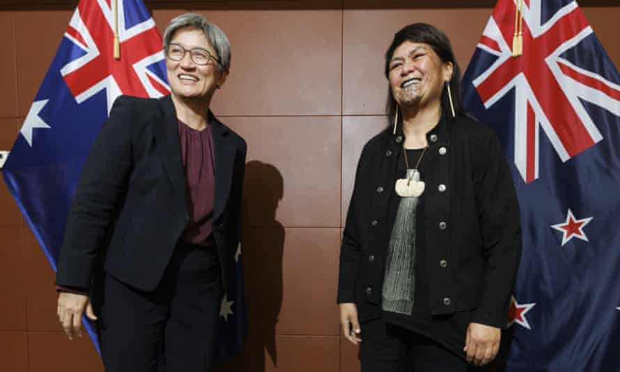 Australian foreign minister Penny Wong, left, is welcomed to parliament house by New Zealand foreign minister Nanaia Mahuta