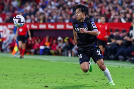 Takefusa Kubo of Real Sociedad in action in the 2-1 win at Sevilla.