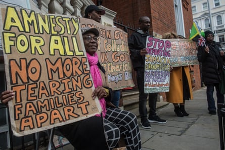 Protesters outside the Jamaican High Commission in London demand that Jamaica stops cooperating with deportation flights, on 3 February 2020.
