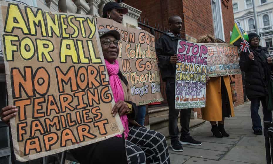 People demonstrate outside the Jamaican embassy in London over the country’s cooperation with deportation flights