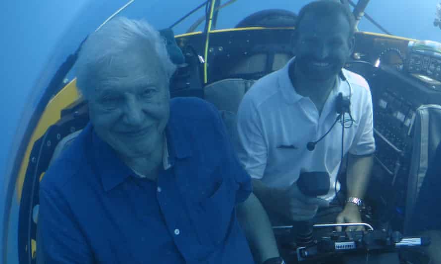Shot from the Great Barrier Reef television series shows David Attenborough with Mark Taylor