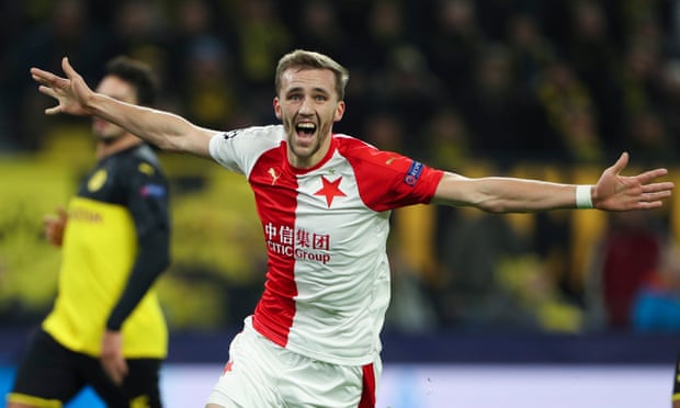Tomas Soucek celebrates after scoring for Slavia Prague against Borussia Dortmund in December.