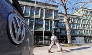 A VW (Volkswagen) logo on a car seen in front of the higher regional court in Stuttgart, Germany.