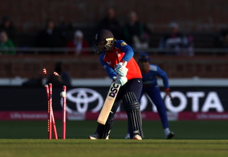England's Danni Wyatt-Hodge is bowled out by India's Kranti Gaud.