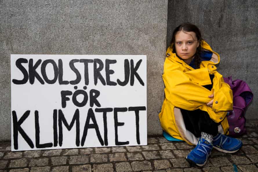 Greta Thunberg leads a school strike and sits outside of the Swedish Parliament, in an effort to force politicians to act on climate change on August 28, 2018 in Stockholm, Sweden
