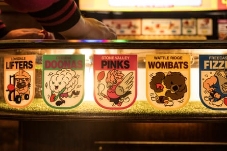 Team logos on the new AFL arcade game ‘Pro Jank Footy’, at the Great Northern hotel in Carlton North.