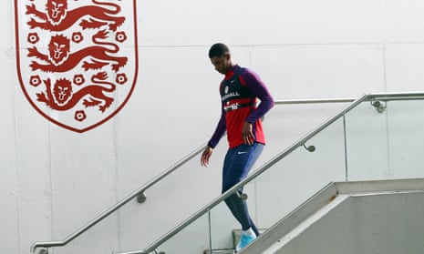 Marcus Rashford trots out for training with the England squad at St George’s Park.