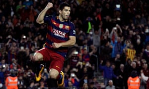 Barcelona forward Luis Suarez celebrates after scoring one of his four goals.