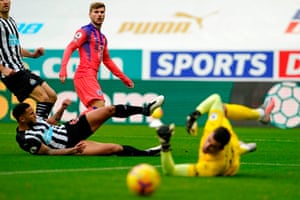 Chelsea’s Timo Werner watches as his shot is saved by Newcastle keeper Karl Darlow.