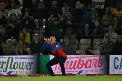 England's Tom Banton catching the ball to take the wicket of Sri Lanka's Charith Asalanka.