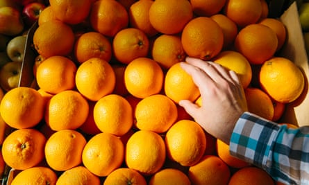 A man touches a large mound of oranges. 