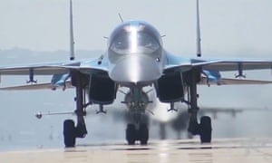 A Russian SU-34 bomber takes off from the Hmeymim airbase.