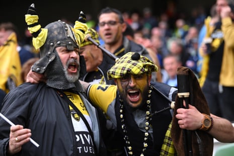 La Rochelle fans wearing fancy dress look on prior to the Heineken Champions Cup Final match between Leinster Rugby and Stade Rochelais at Aviva Stadium in Dublin.