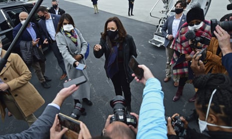 Kamala Harris speaks to reporters before a campaign event today in Cleveland, Ohio.