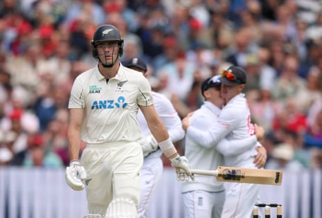 New Zealand's Will O'Rourke looks dejected after losing his wicket off the bowling of England's Gus Atkinson, caught by Harry Brook.