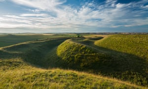 The western ramparts of Maiden Castle, an iron age hill fort near Dorchester