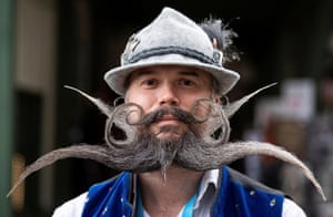 Eging am See, Germany, A participant poses during the German Moustache and Beard Championships