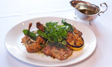 ‘Hot-roasted so the skin is dark and slightly chewy’: half a chicken.