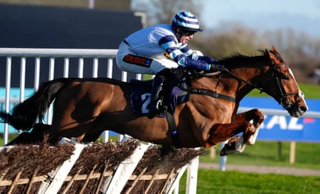Mossy Fen Road clears the last hurdle on his way to to winning the first race at Chepstow.