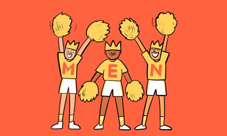 Illustration of 3 men dressed as cheerleaders whose T shirts spell out the word MEN