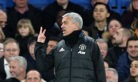 José Mourinho holds up a finger for each of the three titles he won as Chelsea manager during Manchester United’s FA Cup defeat at Stamford Bridge in March