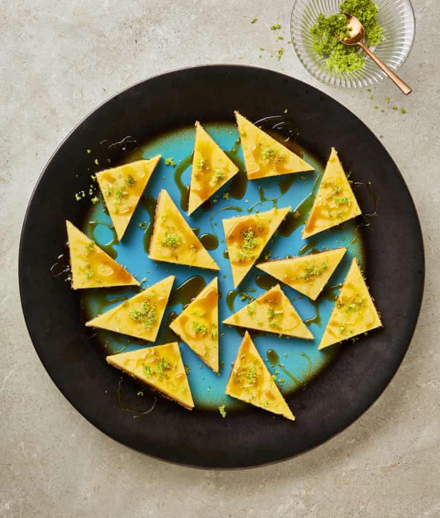 Yotam Ottolenghi’s coconut cream and lime caramel tart with lime sugar.