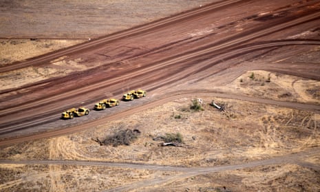Aerial view of the rail corridor and access roads for the Maules Creek coalmine near Boggabri, New South Wales, Australia