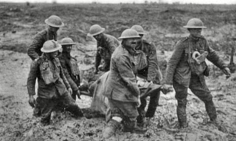 Stretcher bearers in Passchendaele in 1917 reveal a battlefield of liquid mud