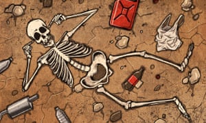 A skeleton blocks its ears surrounded by rubbish on arid ground.