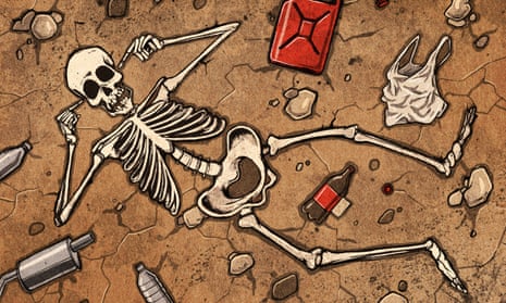 A skeleton blocks its ears surrounded by rubbish on arid ground.