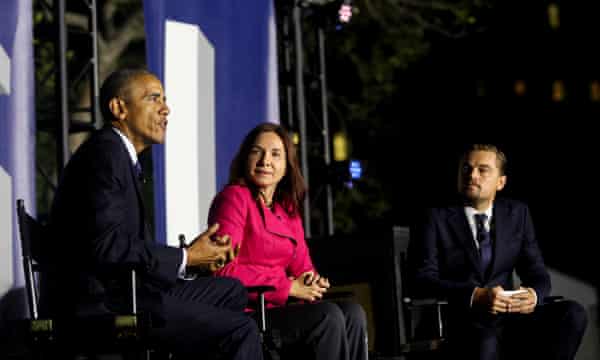 Climate scientist Katharine Hayhoe taking part in a panel discussion on climate change with President Barack Obama and Leonardo DiCaprio in 2016.