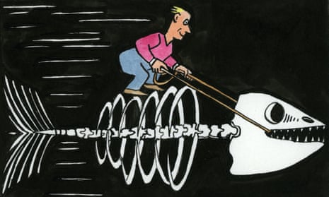 Man riding accelerating skeletal fish - Illustration by Andrzej Krauze