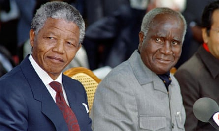 Kenneth Kaunda, right, and Nelson Mandela attending a press conference in the Zambian capital Lusaka, 1990.