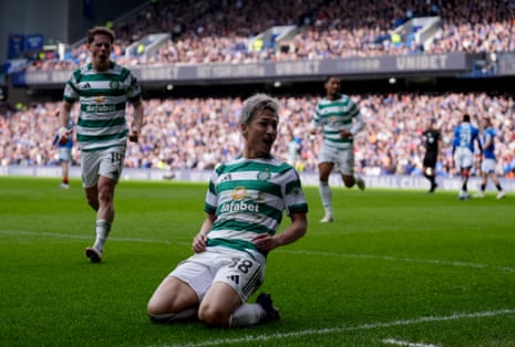 Daizen Maeda celebrates what he thinks is the opening goal.