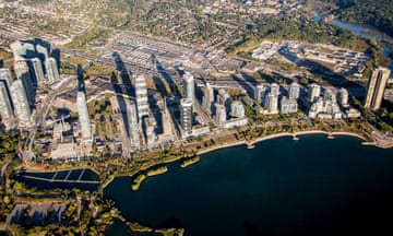 An aerial view of Toronto, by the shore of Lake Ontario