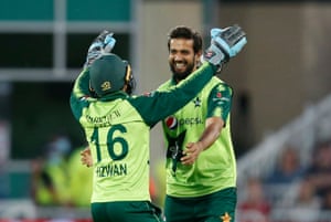 Imad Wasim celebrates after taking the wicket of Eoin Morgan.