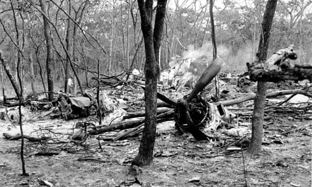 The scattered wreckage of the Douglas DC-6 carrying Dag Hammarskjöld in a forest near Ndola, Zambia.