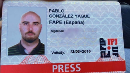 Pablo González press accreditation card. Edited by Guardian imaging to remove signature.