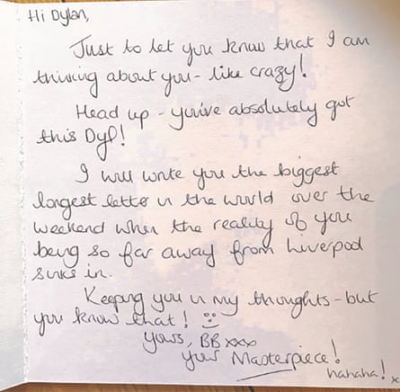 Undated handout photo of a card from Helen Spree to Dylan Westall.